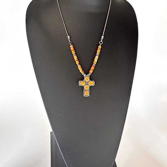 Western Necklace, Sterling Cross Necklace, Spiny Oyster Necklace - Picture 6 of 9